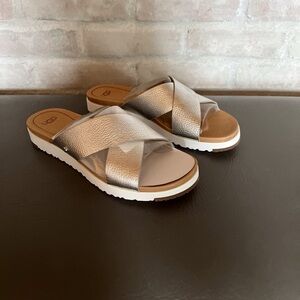 UGG Metallic Champagne Cross-Strap Slide Sandals